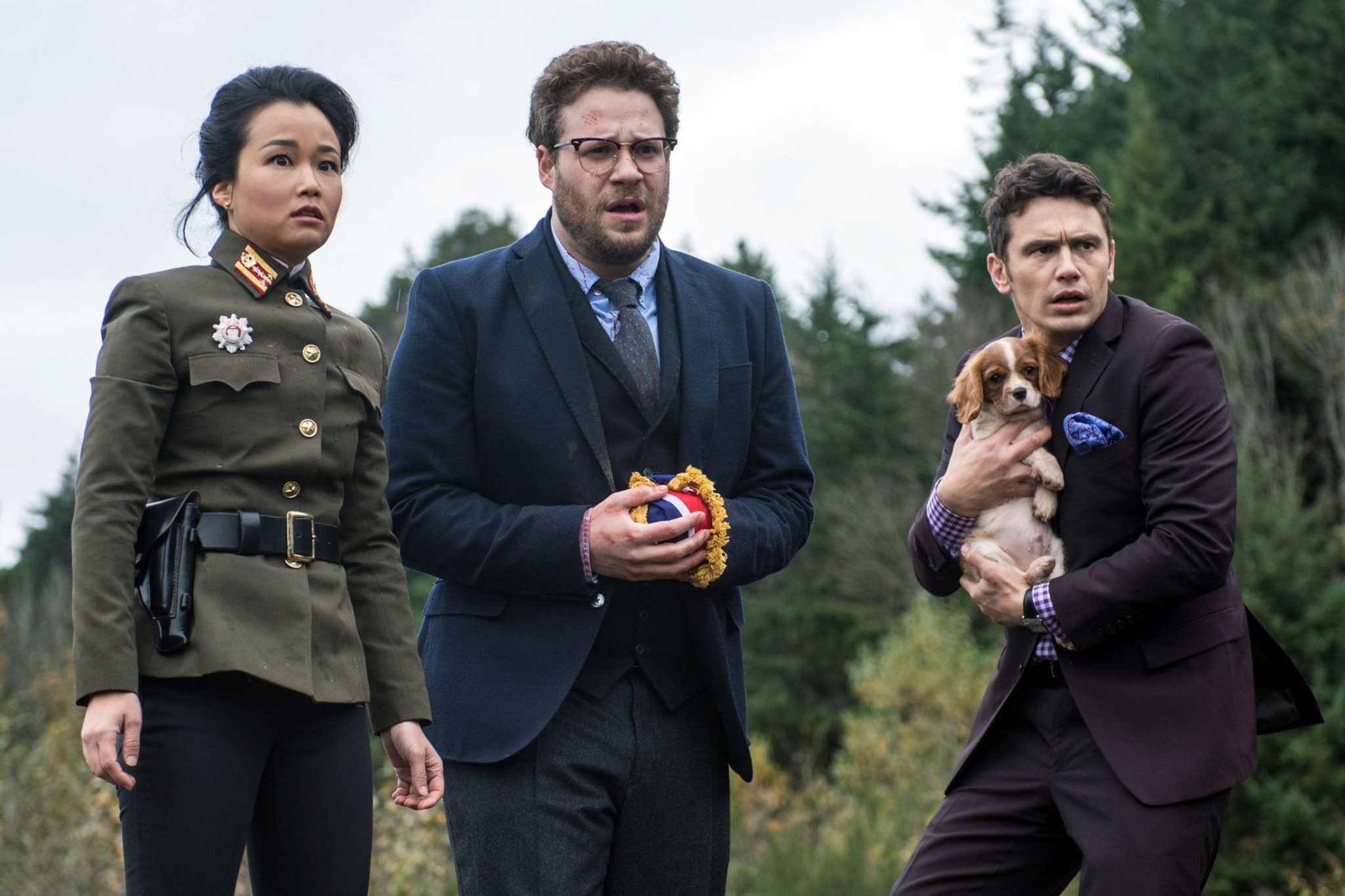 This photo provided by Columbia Pictures - Sony shows, from left, Diana Bang, as Sook, Seth Rogen, as Aaron, and James Franco, as Dave, in Columbia Pictures' "The Interview." (AP Photo/Columbia Pictures - Sony, Ed Araquel)